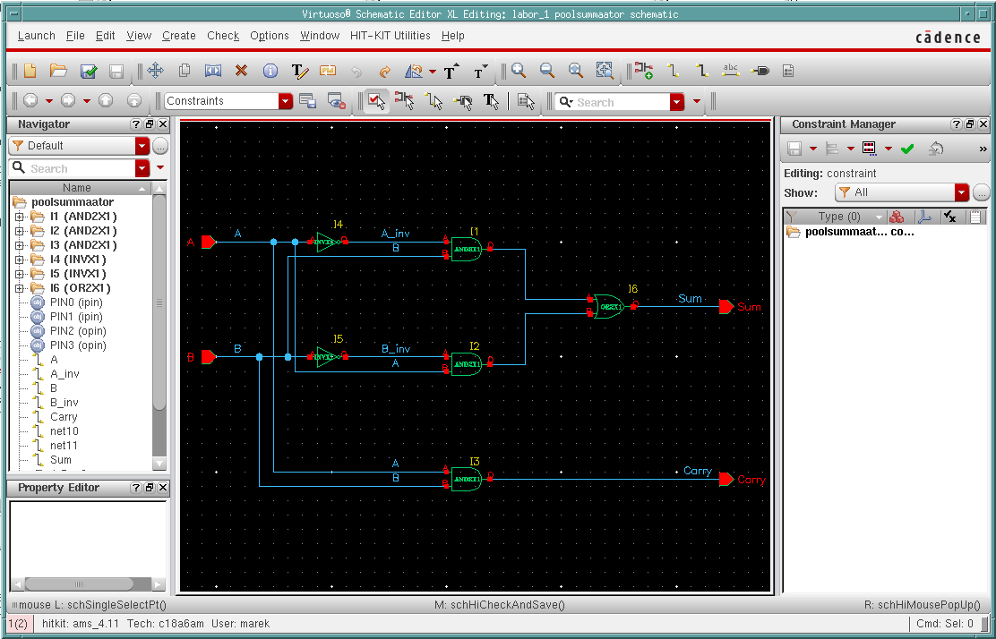 Cadence schematic editor, half-adder connections